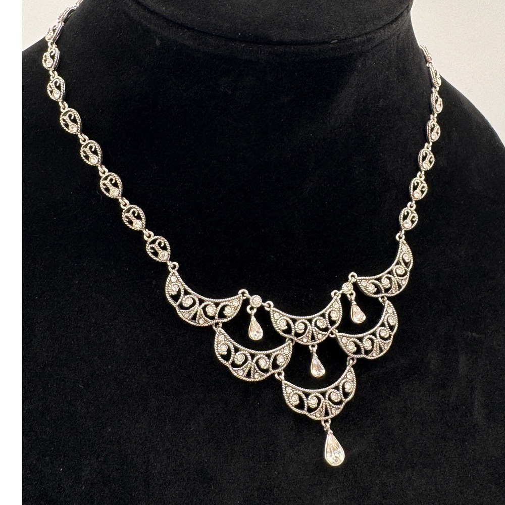 Monet Silver Tone Crystal Festoon Waterfall Statement Necklace